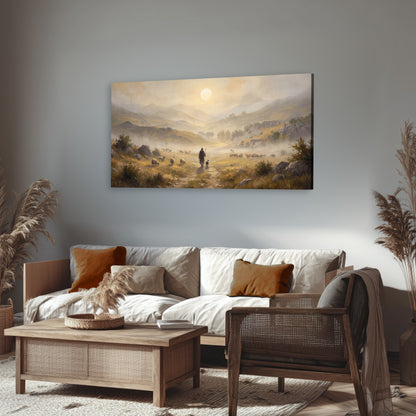 Shepherd and flock painting canvas wall art in a rustic living room