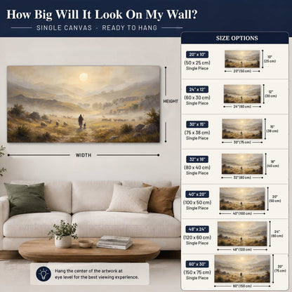 Shepherd and flock painting canvas wall art size guide above a sofa
