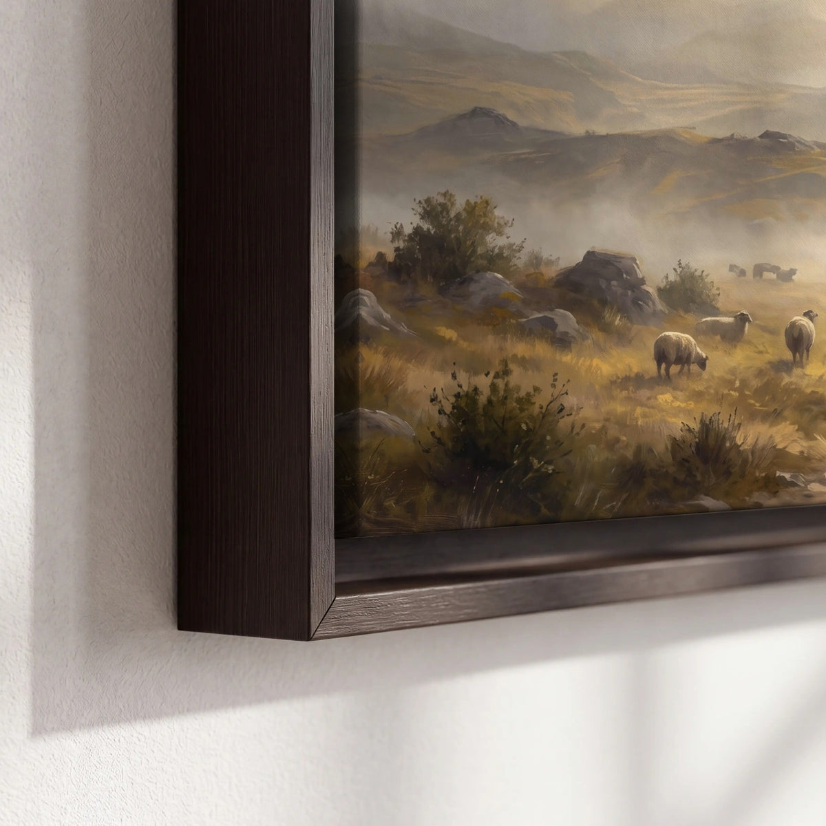 Shepherd and flock painting framed canvas close-up showing the floating frame