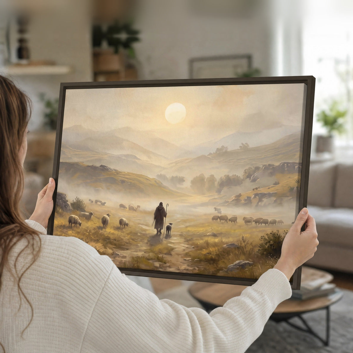 Shepherd and flock painting framed canvas held in hands