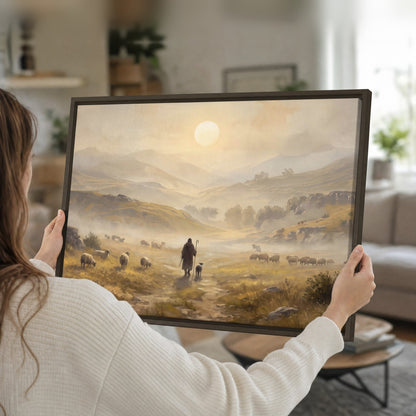 Shepherd and flock painting framed canvas held in hands