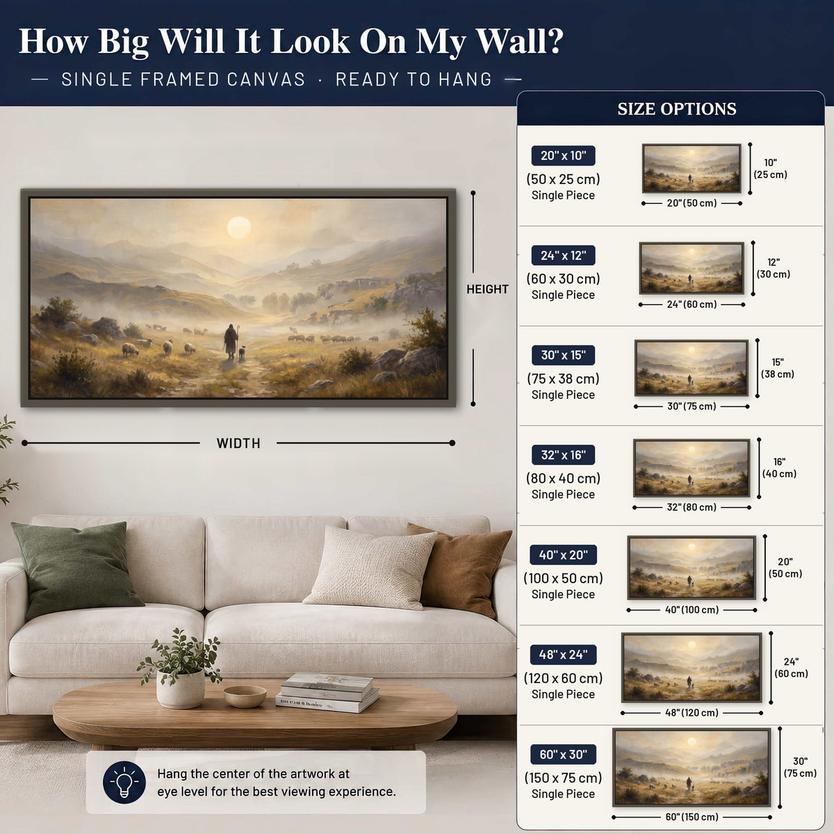 Shepherd and flock painting framed canvas wall art size guide above a sofa