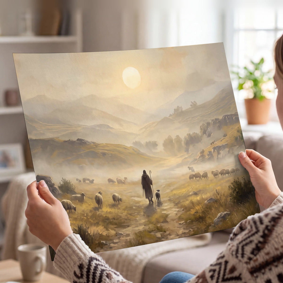 Shepherd and flock painting poster print held in hands
