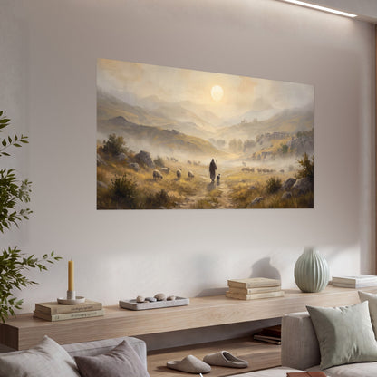 Shepherd and flock painting poster print in a living room above a console