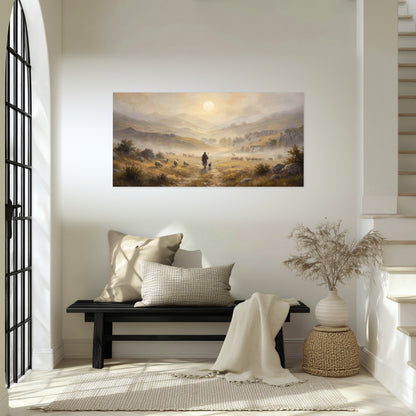 Shepherd and flock painting poster print in an entryway above a bench