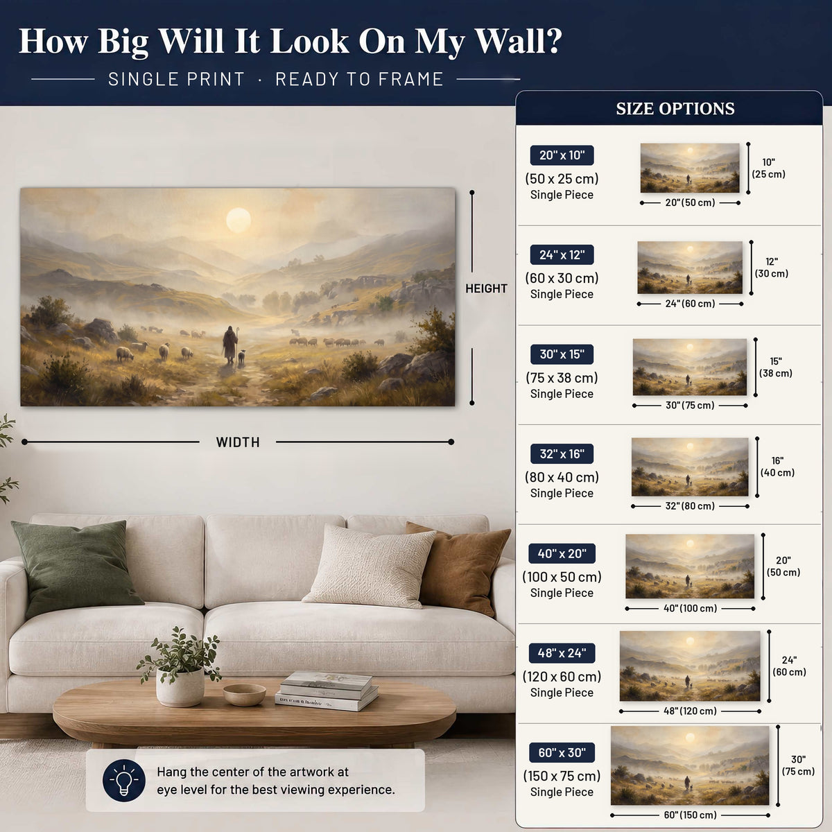 Shepherd and flock painting poster print size guide above a sofa