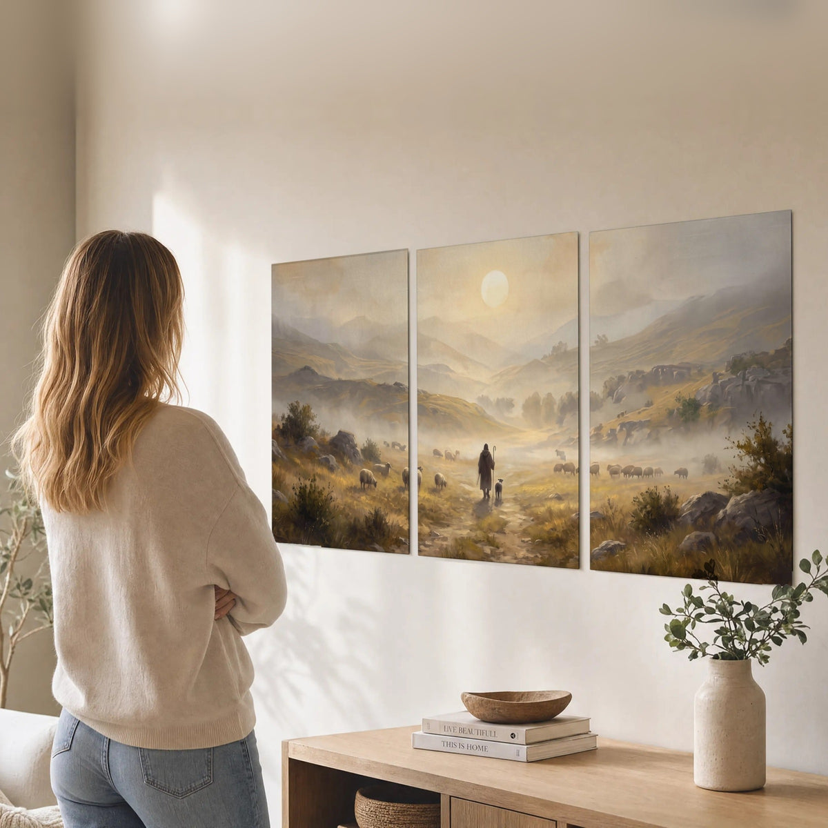 Shepherd and flock painting set of 3 poster prints in a living room