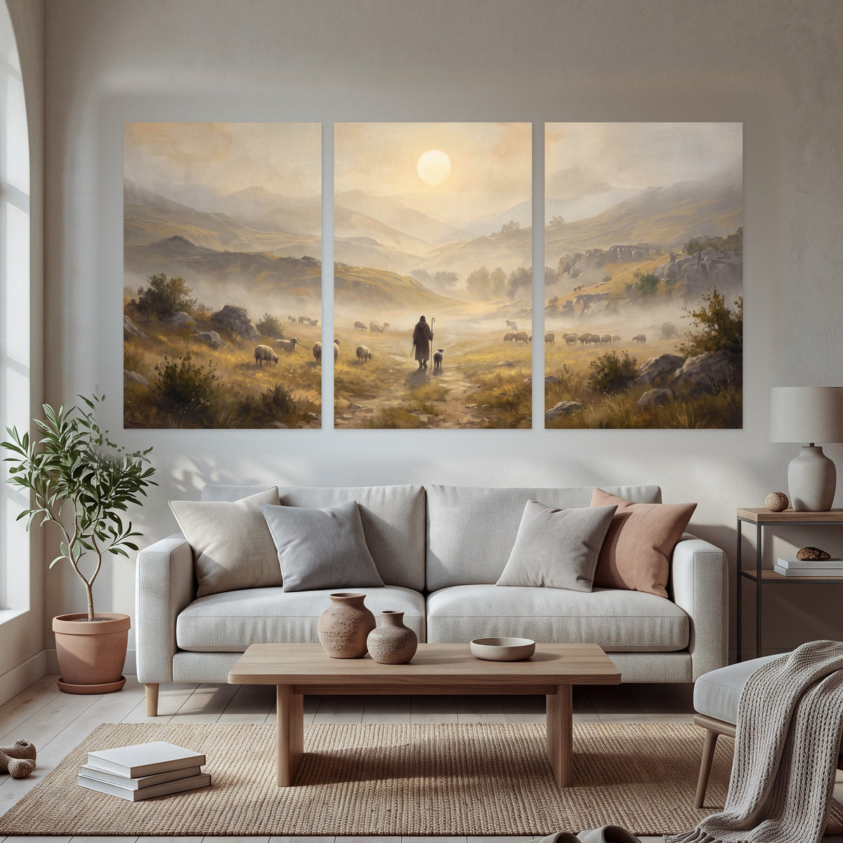 Shepherd and flock painting set of 3 poster prints in a bright living room