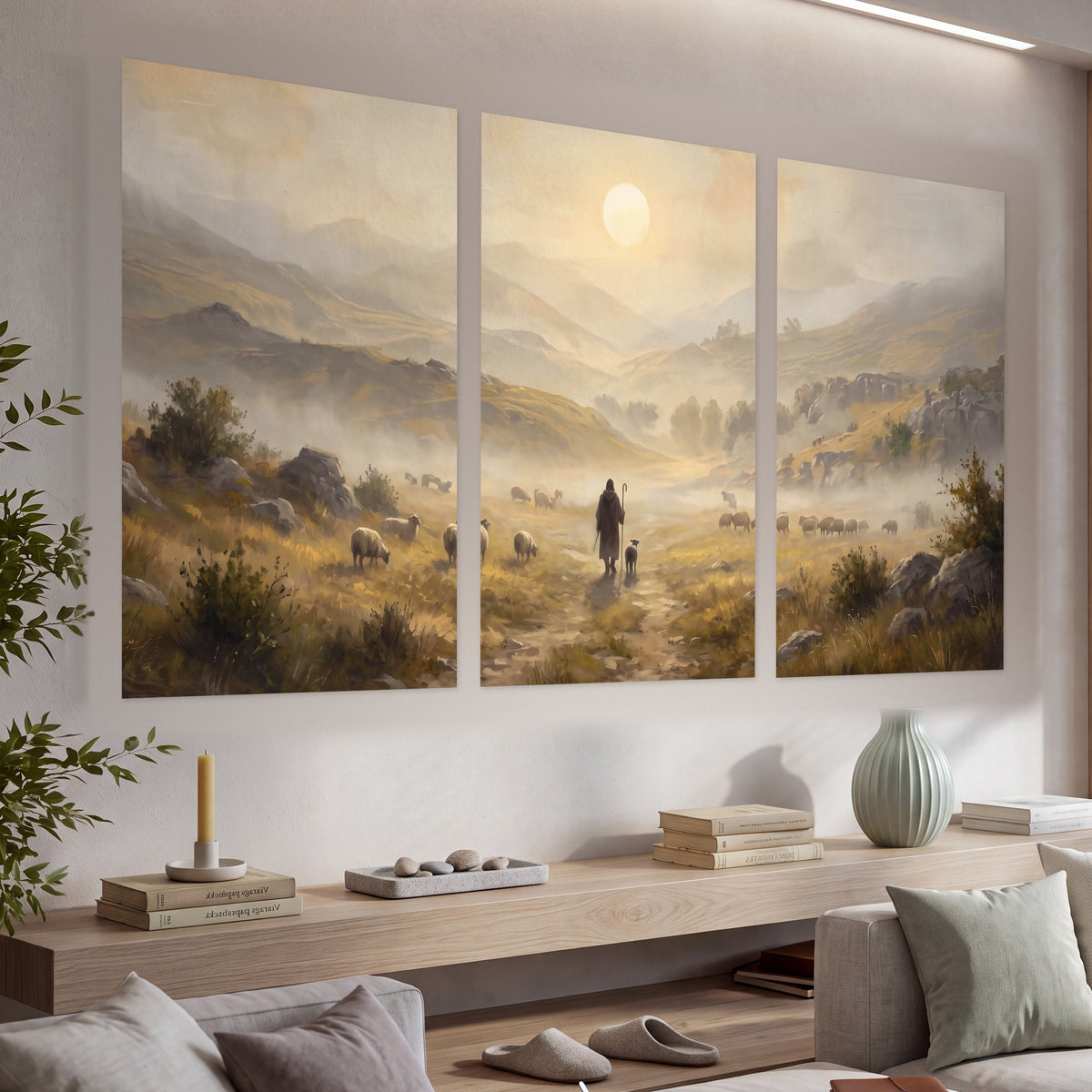 Shepherd and flock painting set of 3 poster prints in a living room above a console