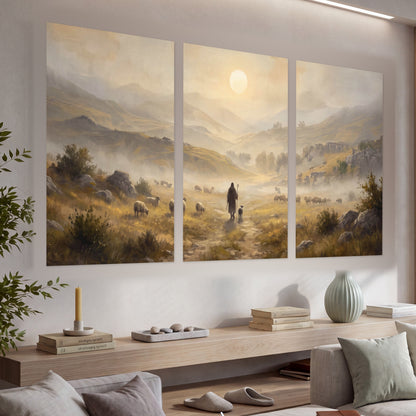 Shepherd and flock painting set of 3 poster prints in a living room above a console