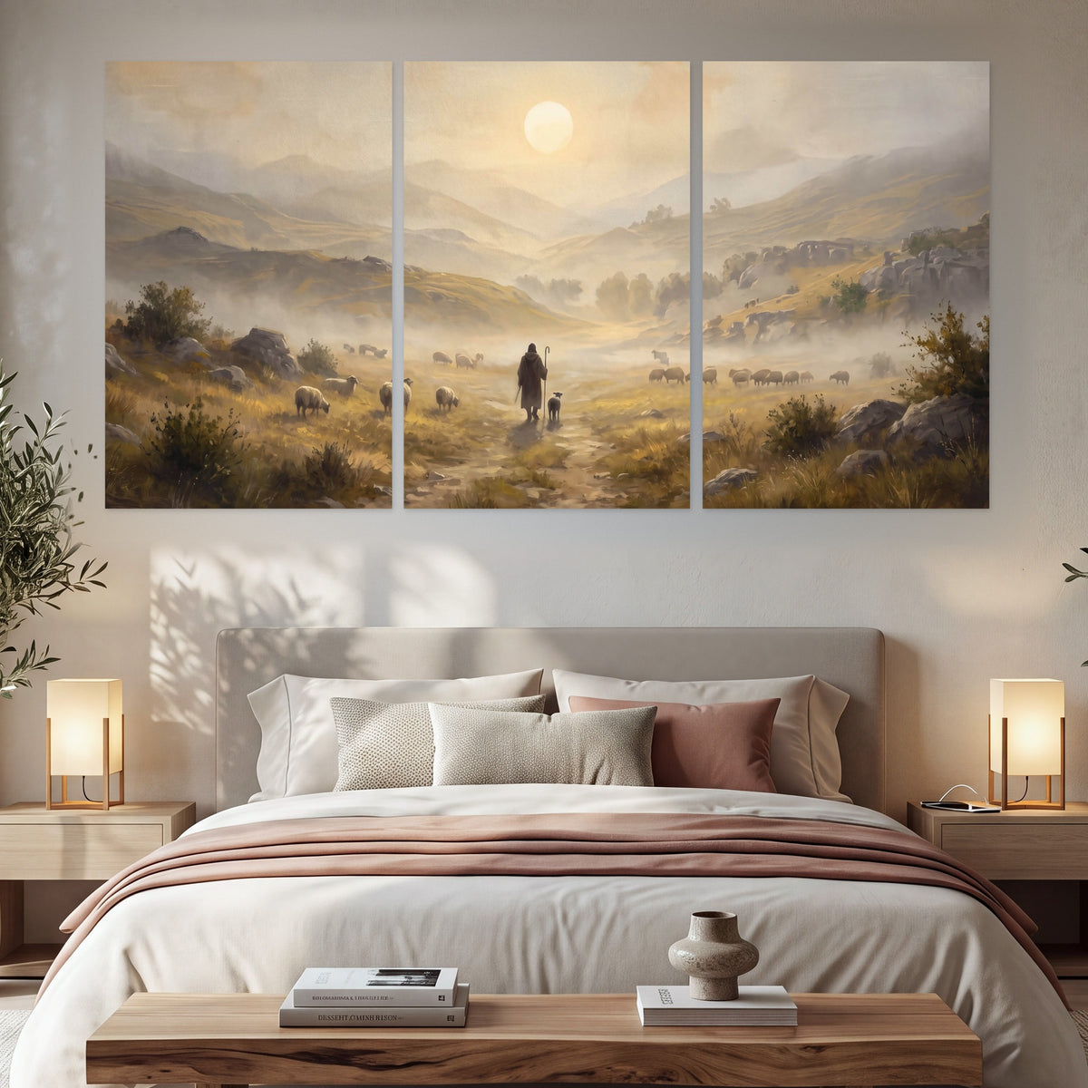 Shepherd and flock painting set of 3 poster prints in a bedroom above the bed