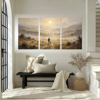 Shepherd and flock painting set of 3 poster prints in an entryway above a bench