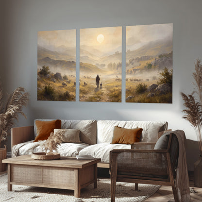Shepherd and flock painting set of 3 poster prints in a rustic living room
