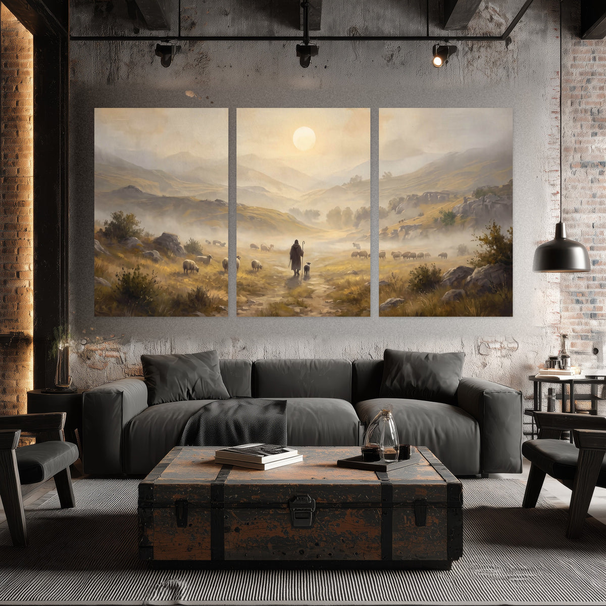 Shepherd and flock painting set of 3 poster prints in an industrial loft