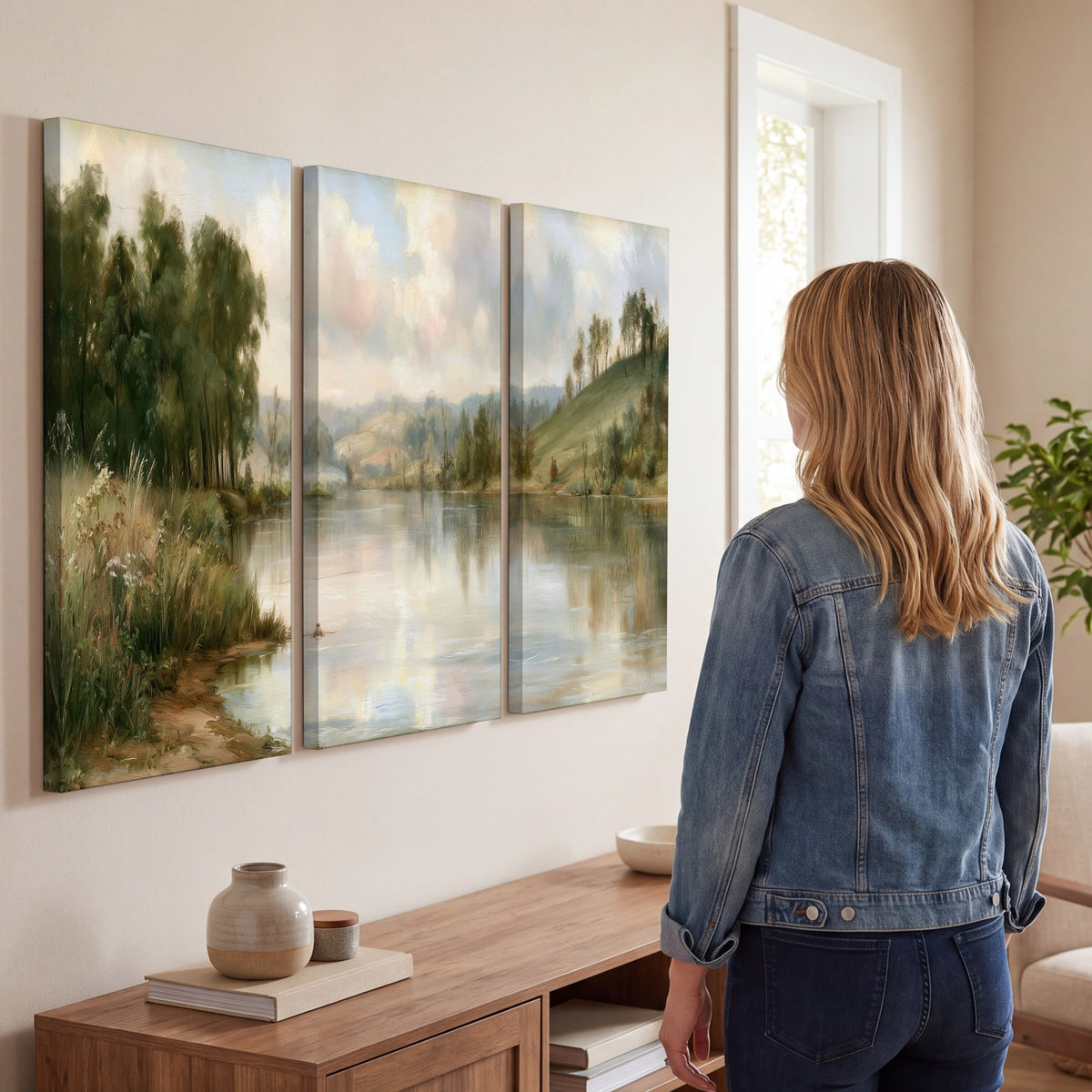 Pastel river valley painting 3 piece canvas wall art in a living room
