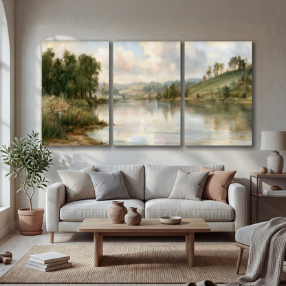 Pastel river valley painting 3 piece canvas wall art in a bright living room