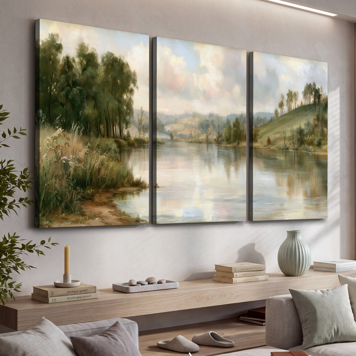 Pastel river valley painting 3 piece canvas wall art in a living room above a console
