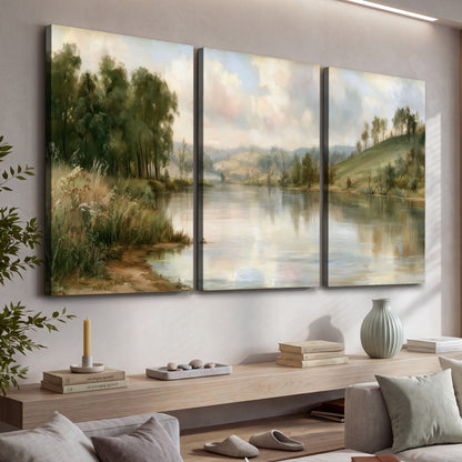 Pastel river valley painting 3 piece canvas wall art in a living room above a console