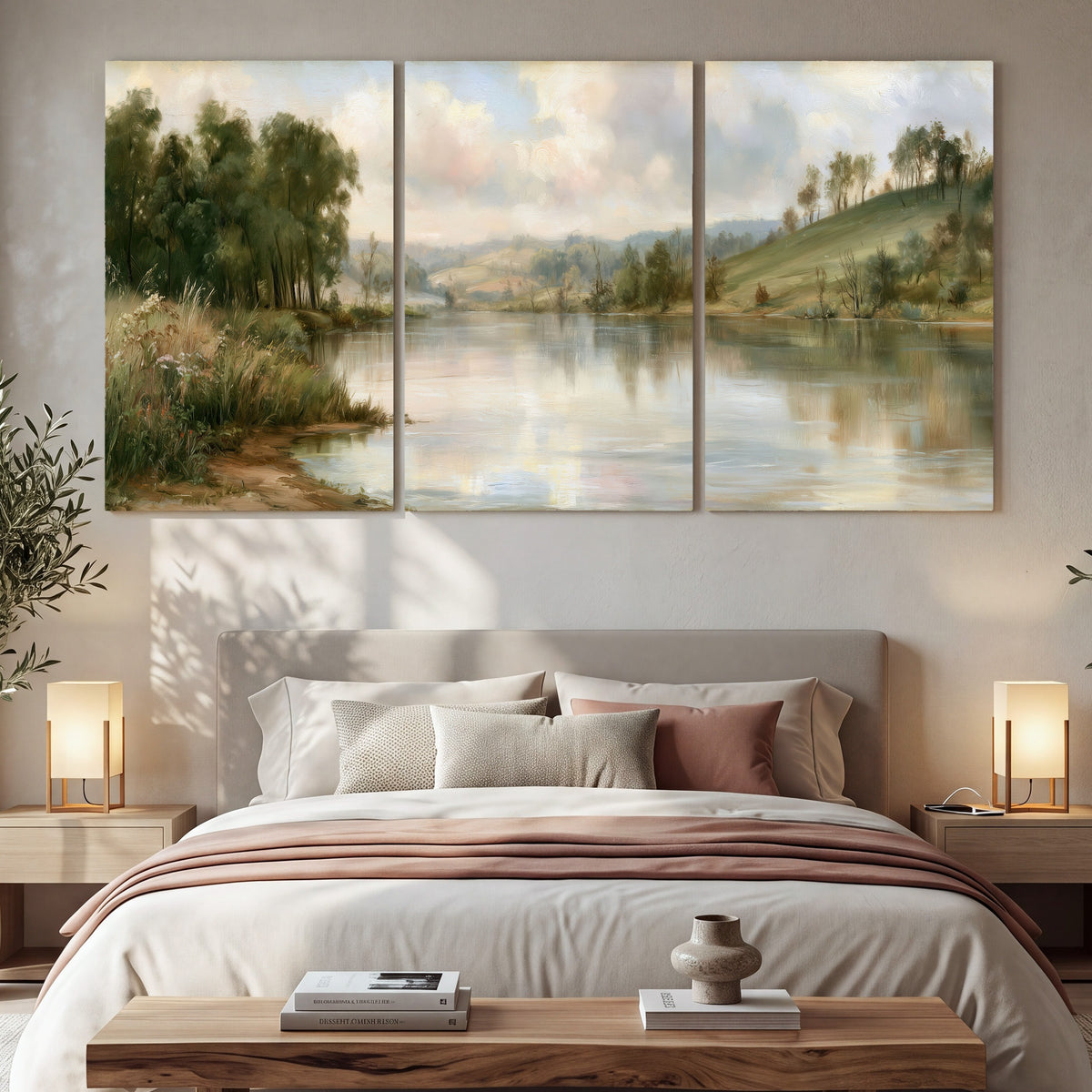Pastel river valley painting 3 piece canvas wall art in a bedroom above the bed
