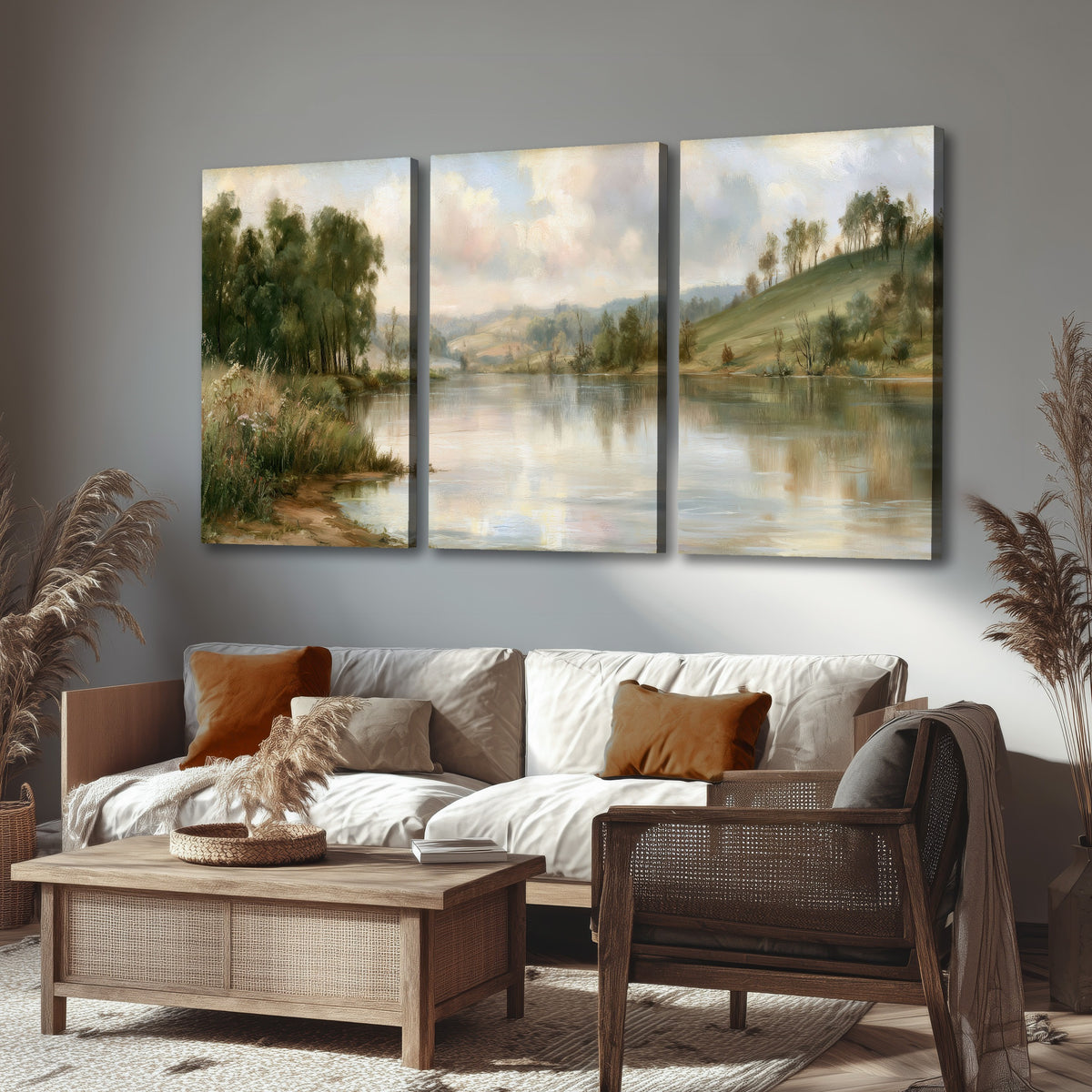 Pastel river valley painting 3 piece canvas wall art in a rustic living room