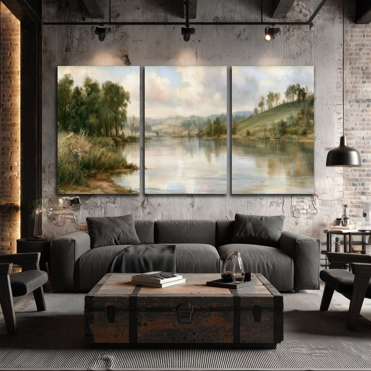 Pastel river valley painting 3 piece canvas wall art in an industrial loft