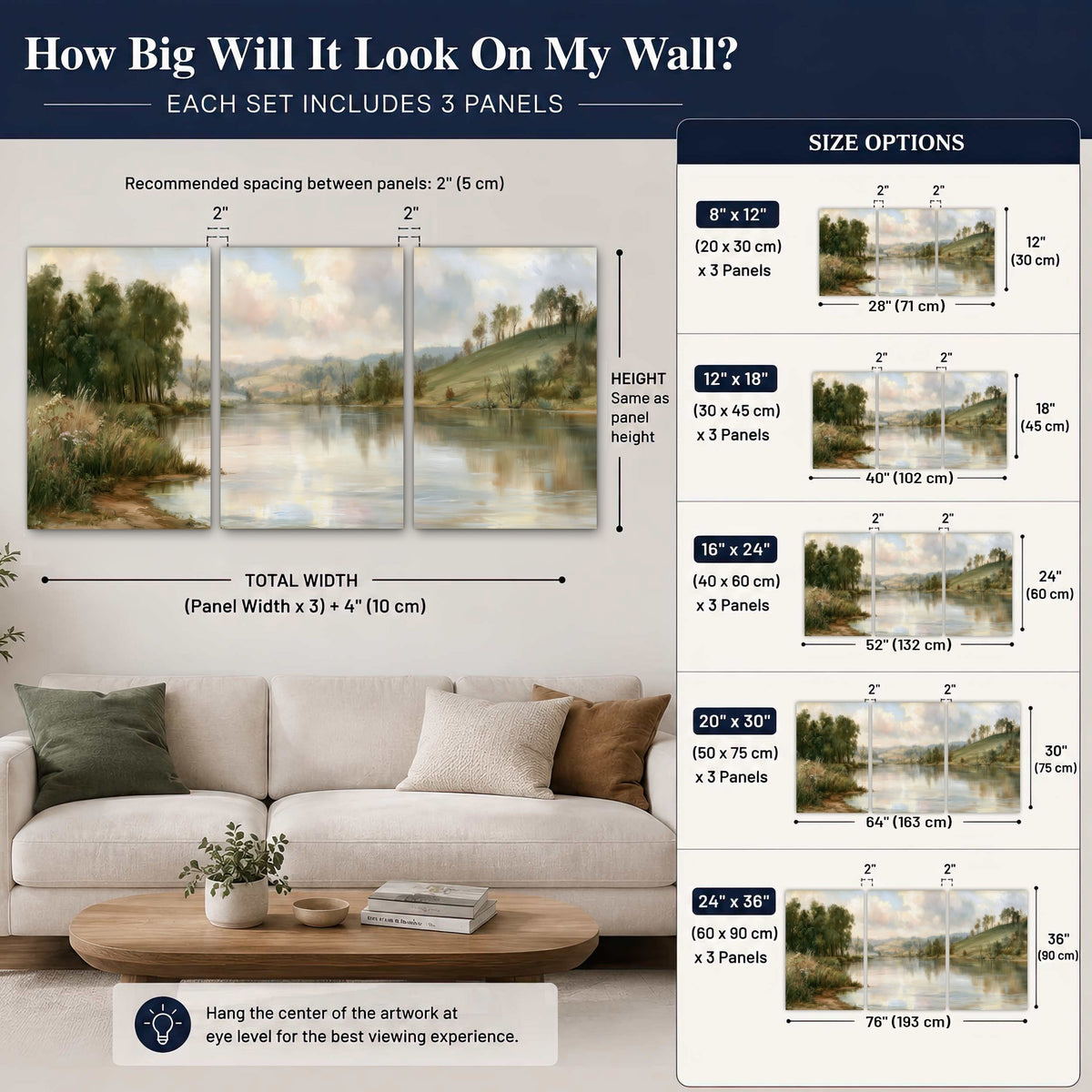 Pastel river valley painting 3 piece canvas wall art size guide above a sofa