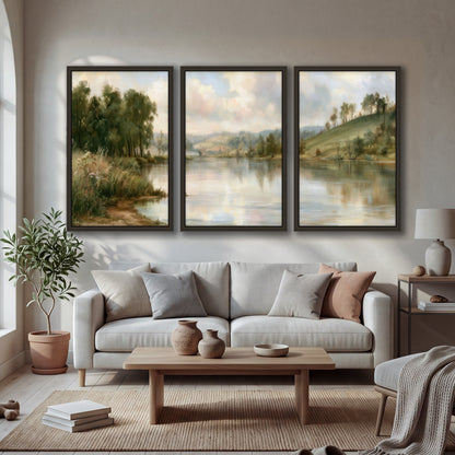 Pastel river valley painting 3 piece framed canvas in a bright living room