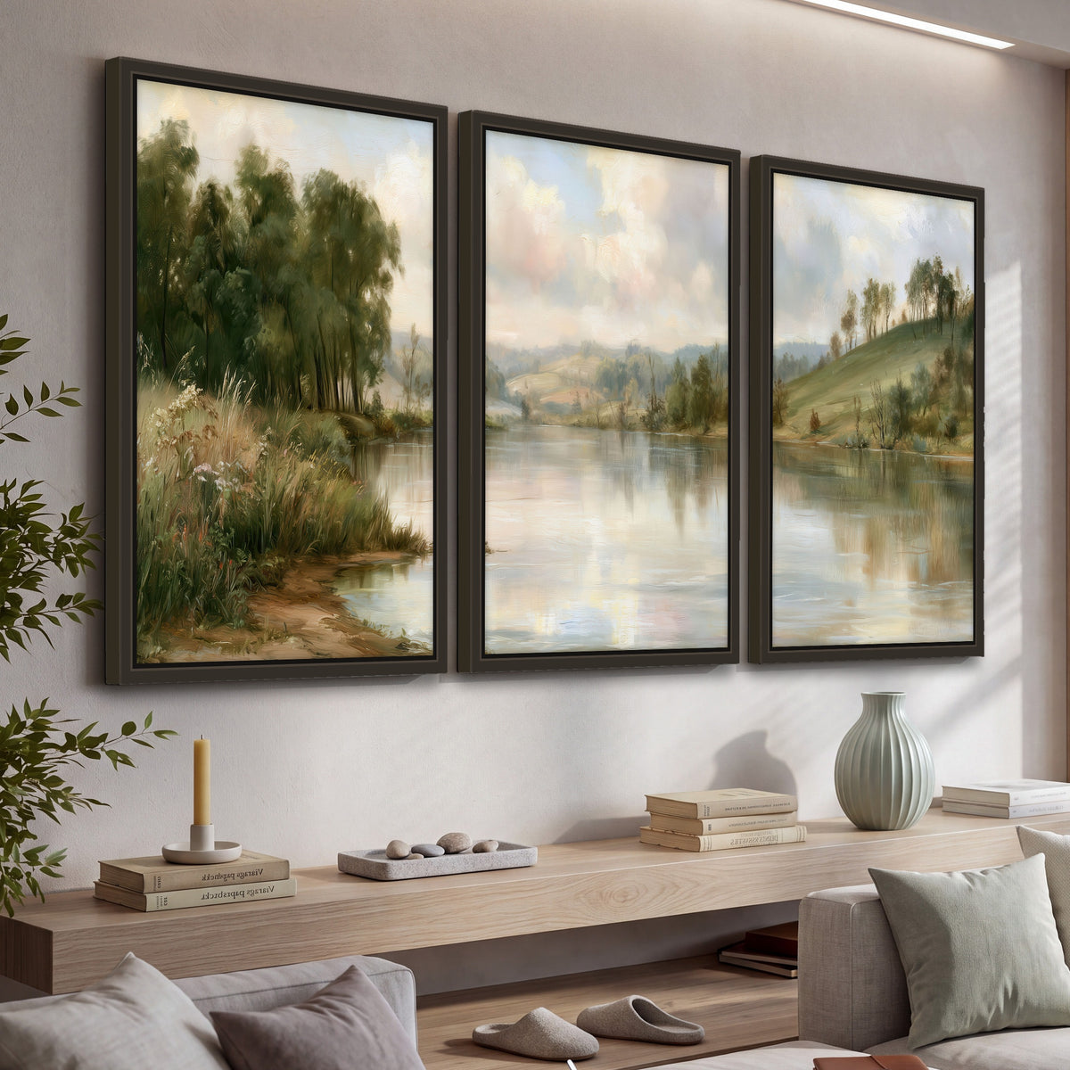Pastel river valley painting 3 piece framed canvas in a living room above a console