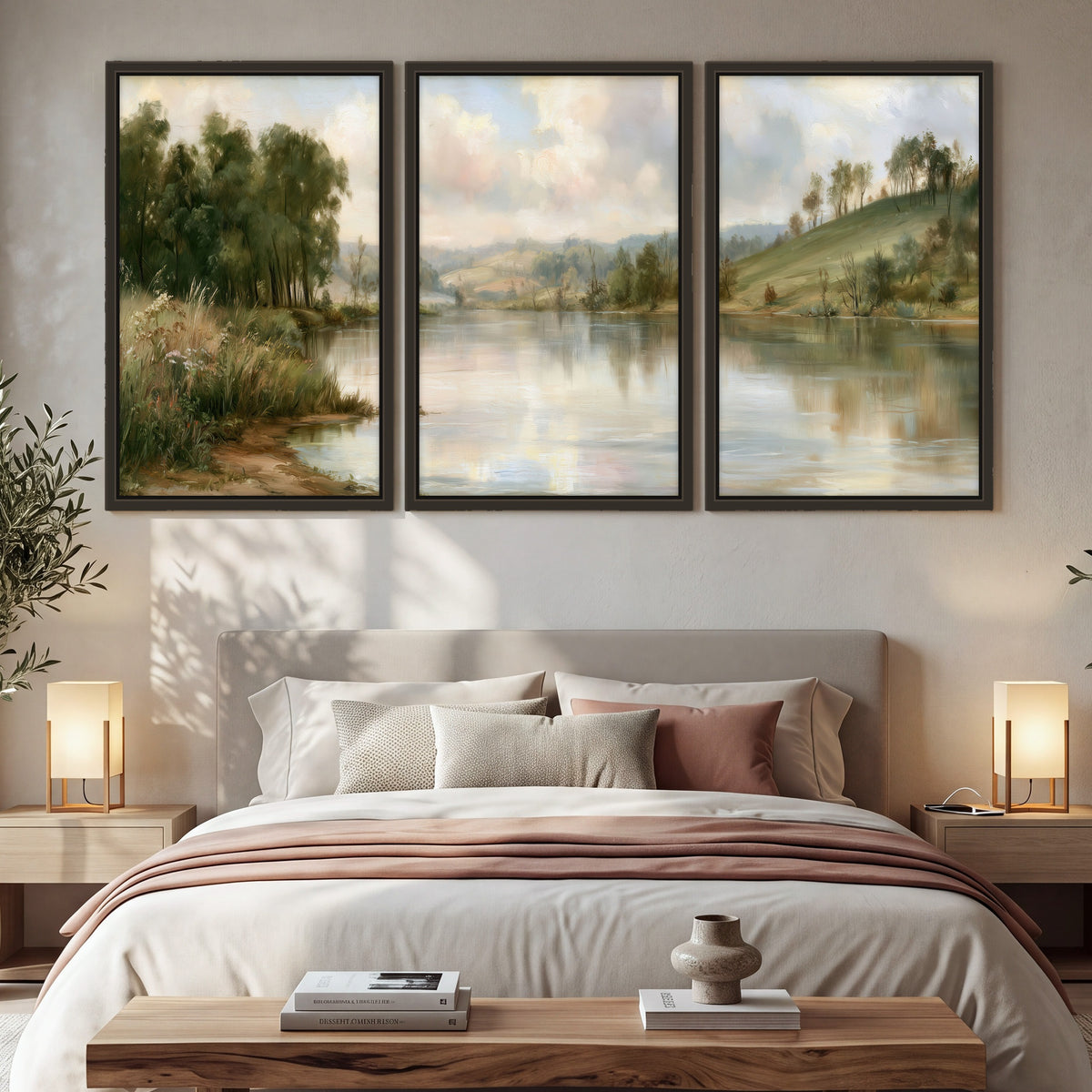 Pastel river valley painting 3 piece framed canvas in a bedroom above the bed