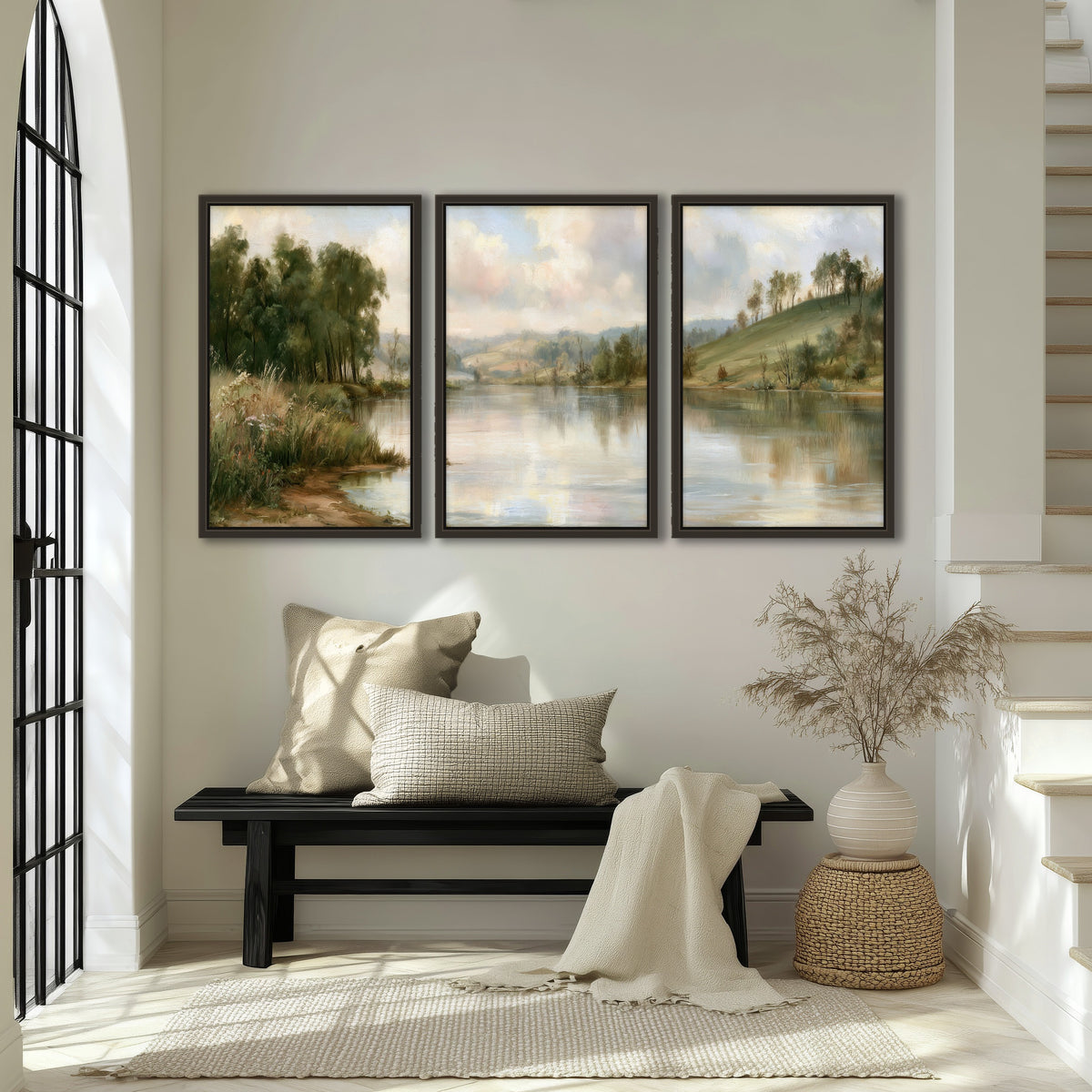 Pastel river valley painting 3 piece framed canvas in an entryway above a bench
