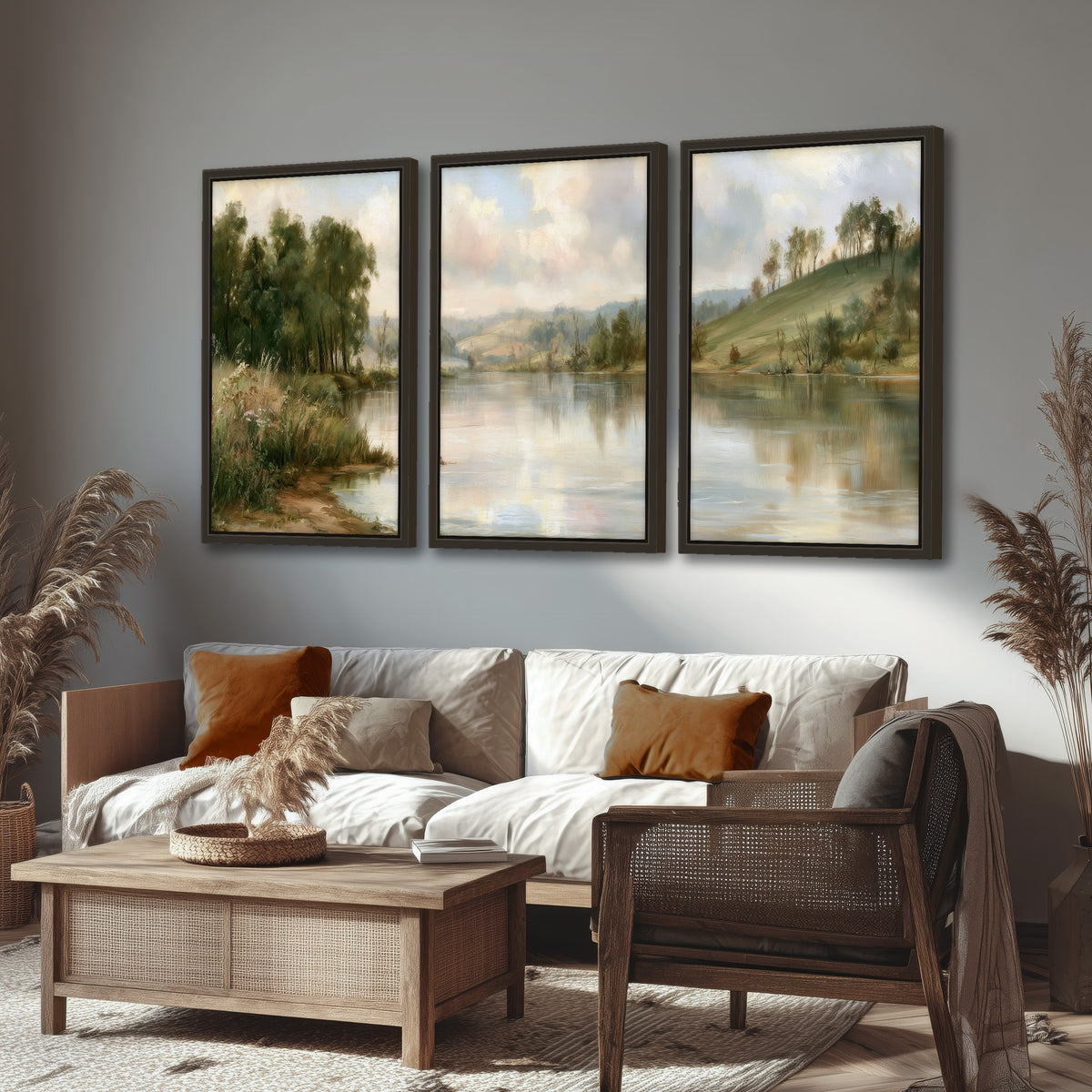 Pastel river valley painting 3 piece framed canvas in a rustic living room