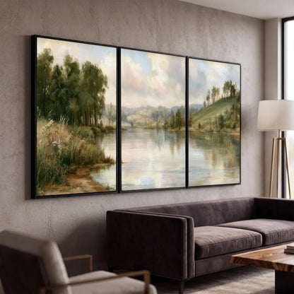 Pastel river valley painting 3 piece framed canvas in a modern living room