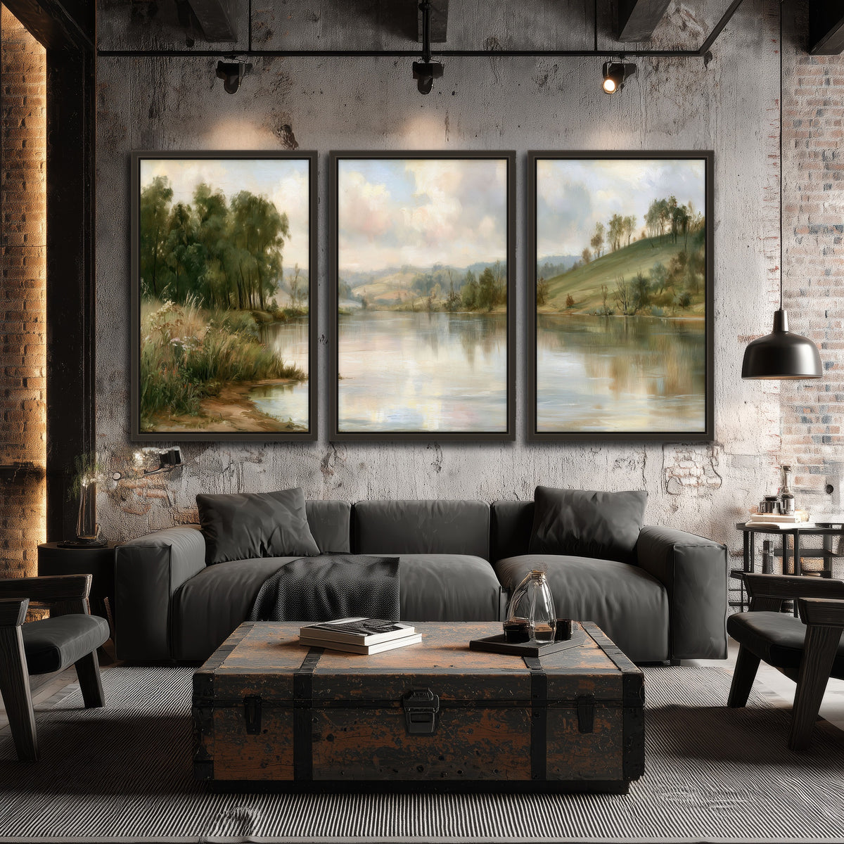 Pastel river valley painting 3 piece framed canvas in an industrial loft