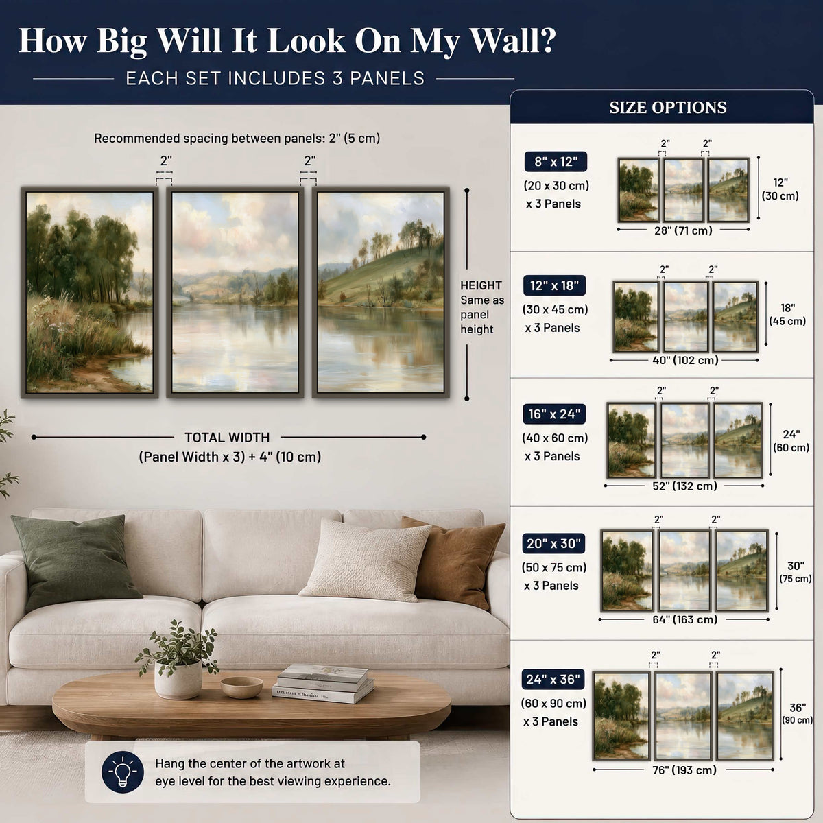 Pastel river valley painting 3 piece framed canvas size guide above a sofa
