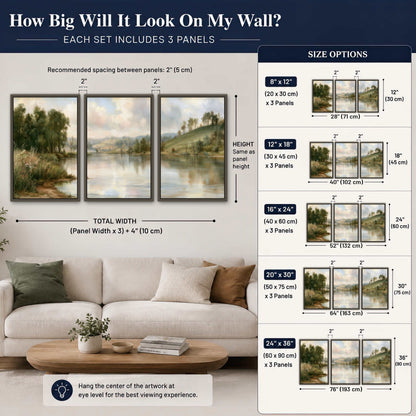 Pastel river valley painting 3 piece framed canvas size guide above a sofa