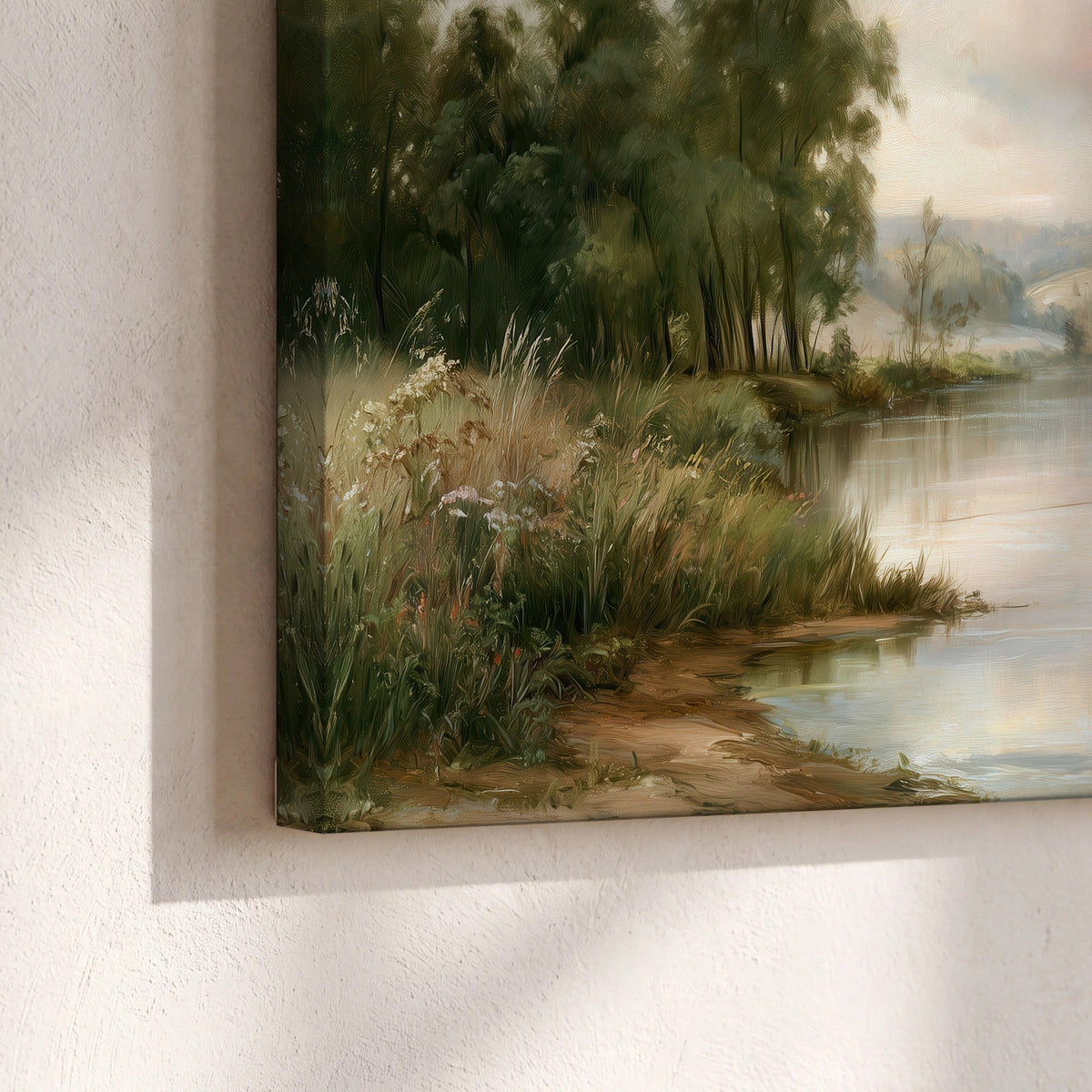 Pastel river valley painting canvas print close-up showing the gallery-wrapped edge