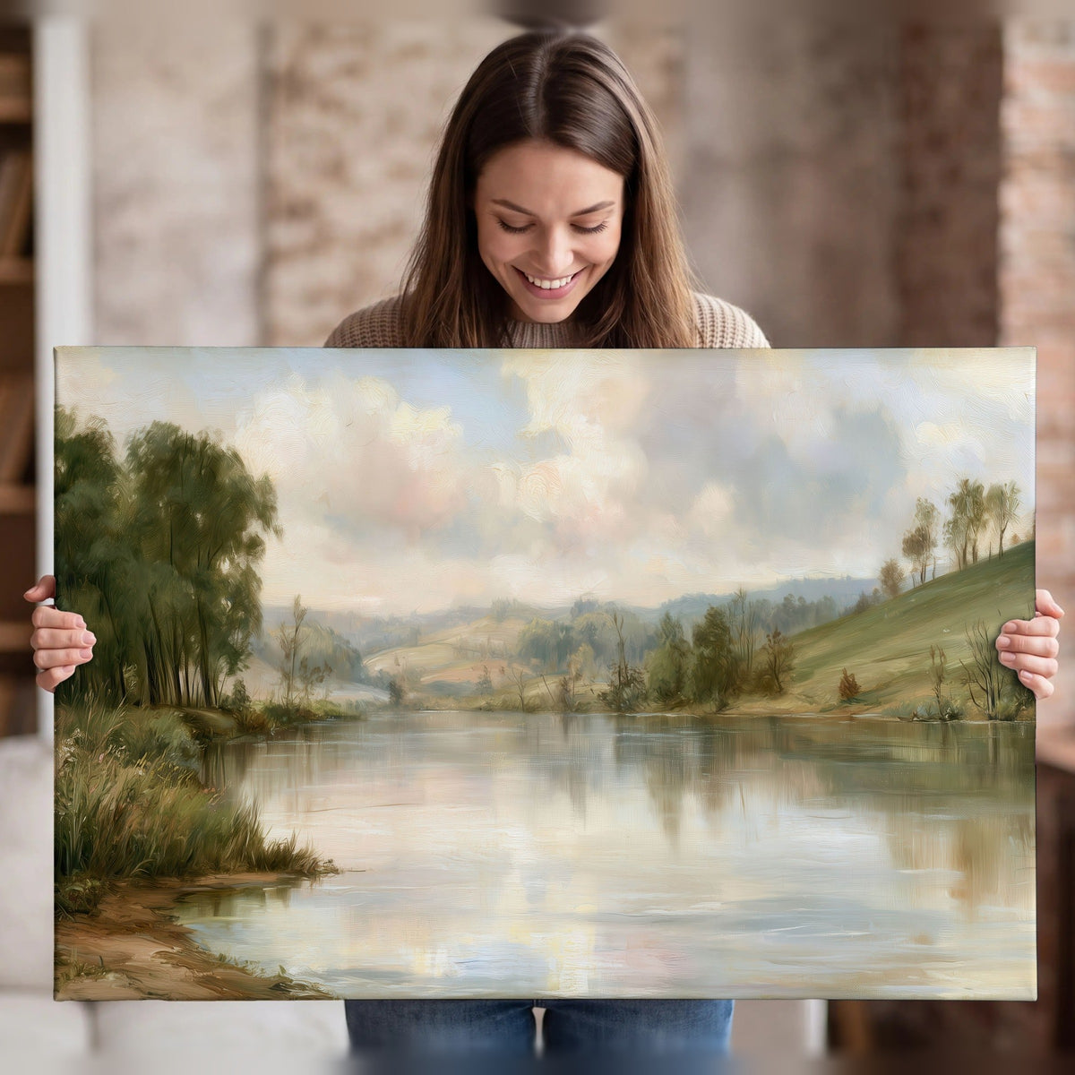 Pastel river valley painting canvas wall art held in hands