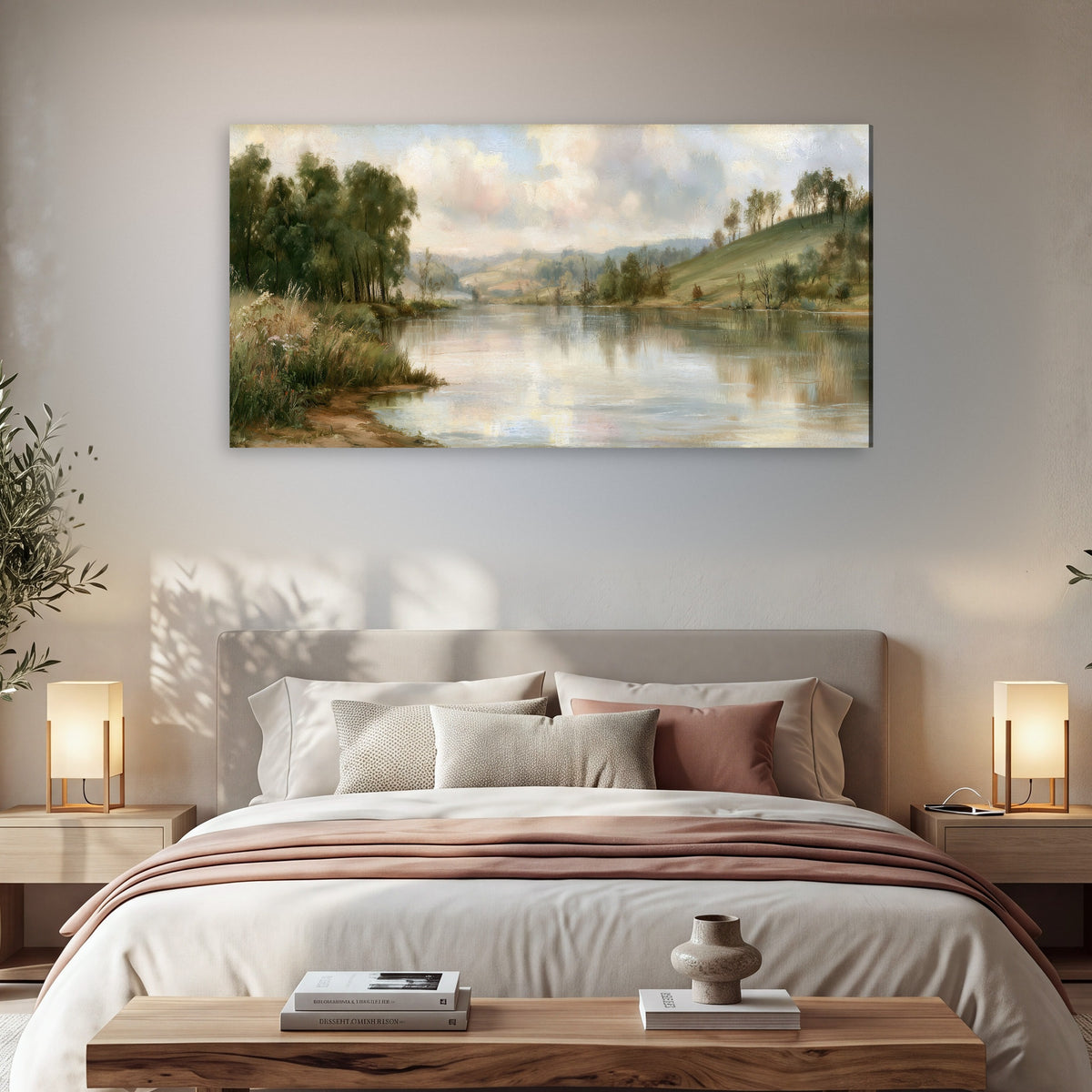Pastel river valley painting canvas wall art in a bedroom above the bed