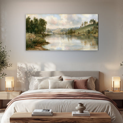 Pastel river valley painting canvas wall art in a bedroom above the bed