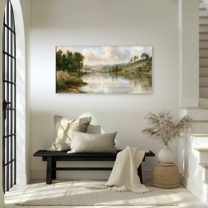 Pastel river valley painting canvas wall art in an entryway above a bench