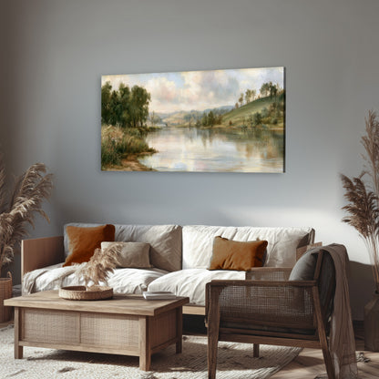 Pastel river valley painting canvas wall art in a rustic living room