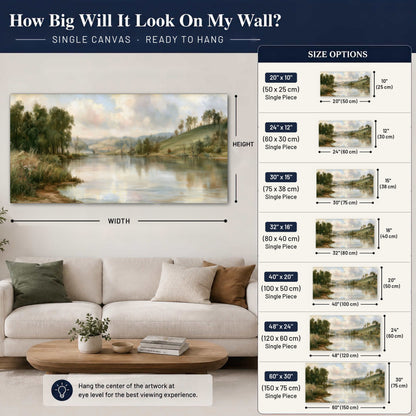Pastel river valley painting canvas wall art size guide above a sofa