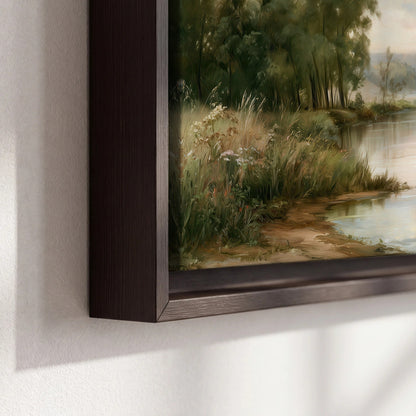 Pastel river valley painting framed canvas close-up showing the floating frame