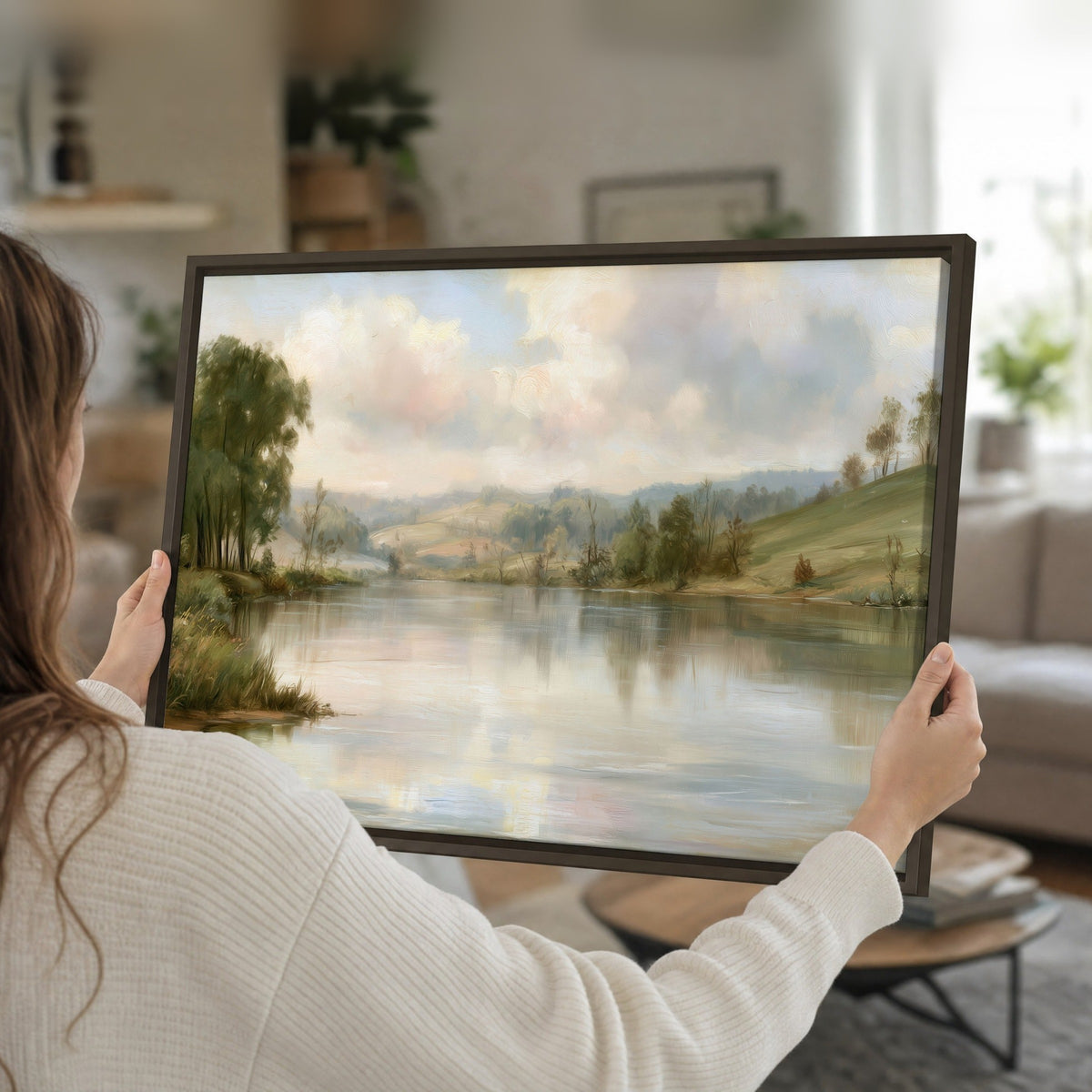 Pastel river valley painting framed canvas held in hands