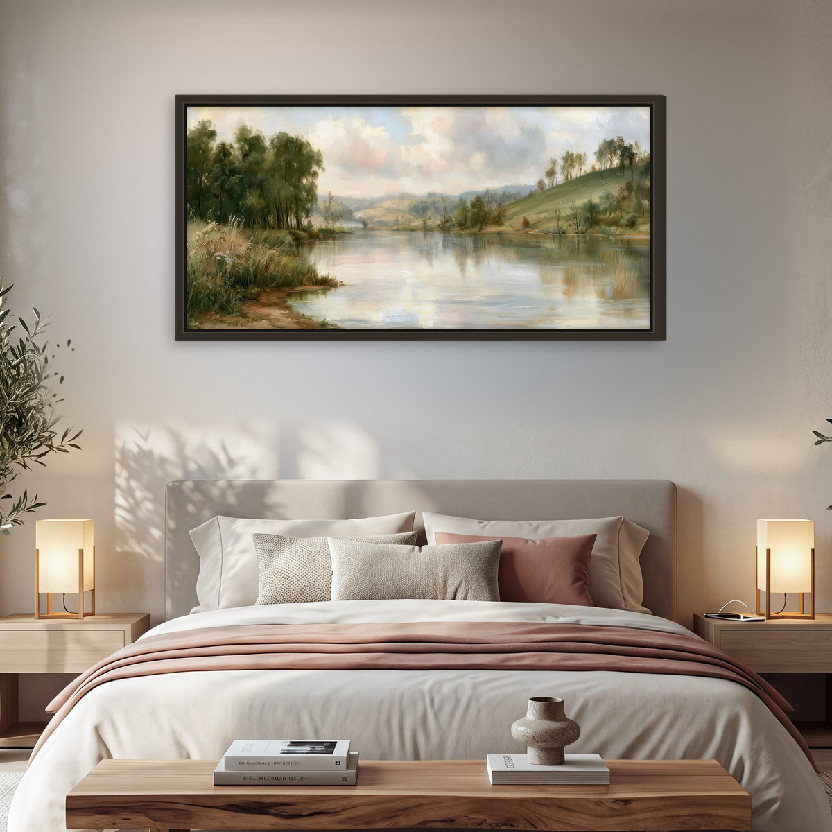 Pastel river valley painting framed canvas wall art in a bedroom above the bed