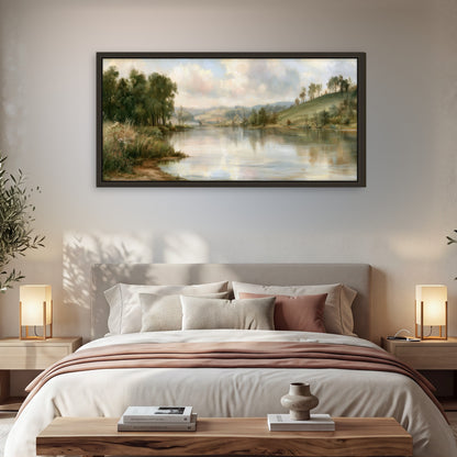 Pastel river valley painting framed canvas wall art in a bedroom above the bed