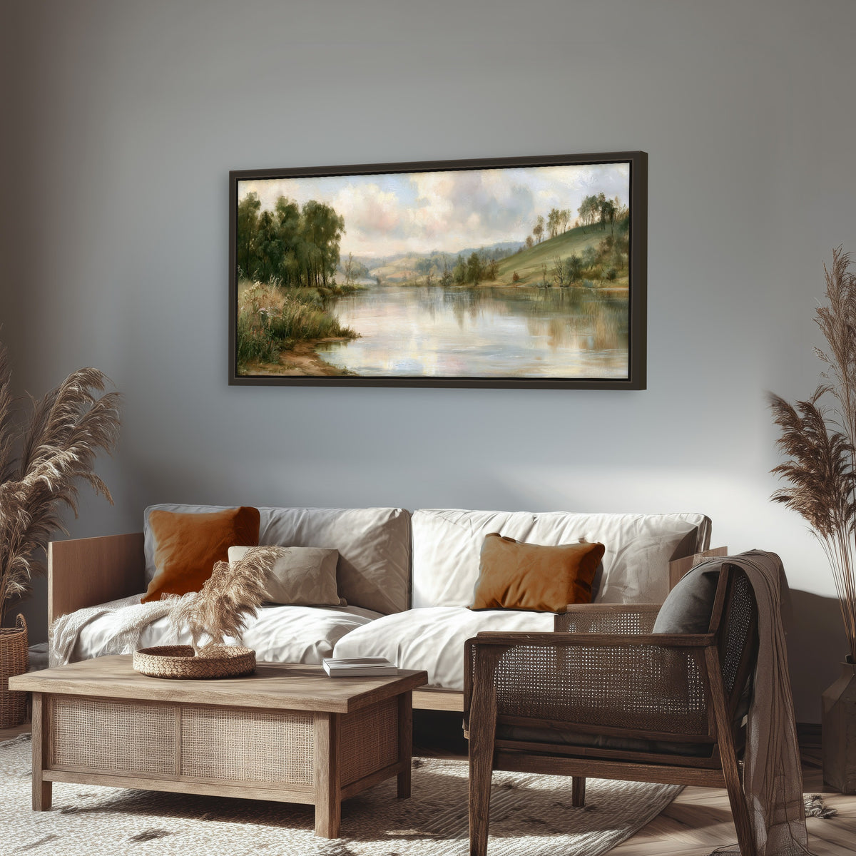 Pastel river valley painting framed canvas wall art in a rustic living room