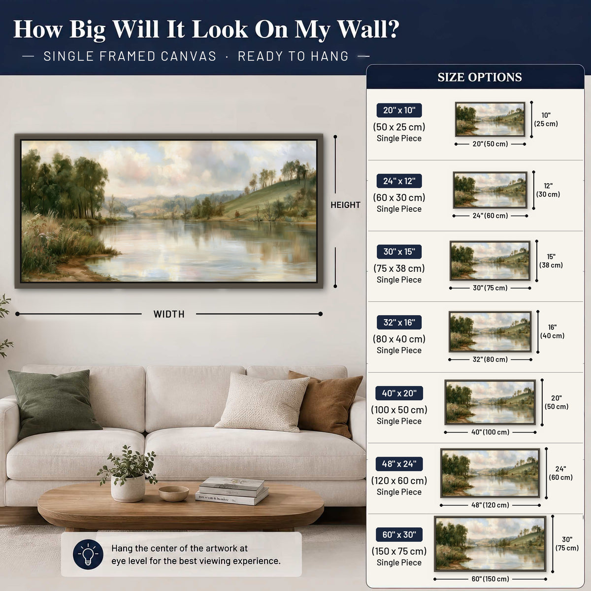 Pastel river valley painting framed canvas wall art size guide above a sofa
