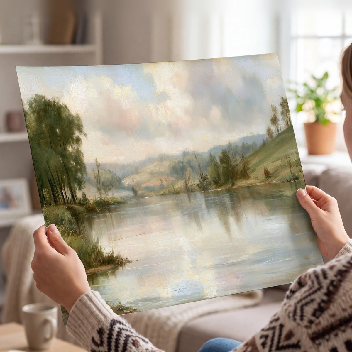 Pastel river valley painting poster print held in hands