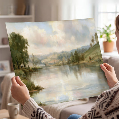 Pastel river valley painting poster print held in hands